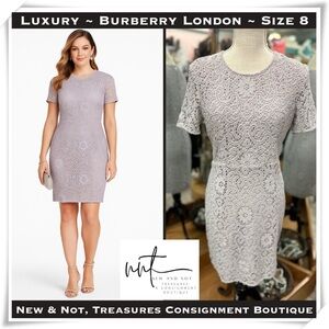 Luxury Burberry London Grey Lace Overlay Short Sleeve Dress in size 8
